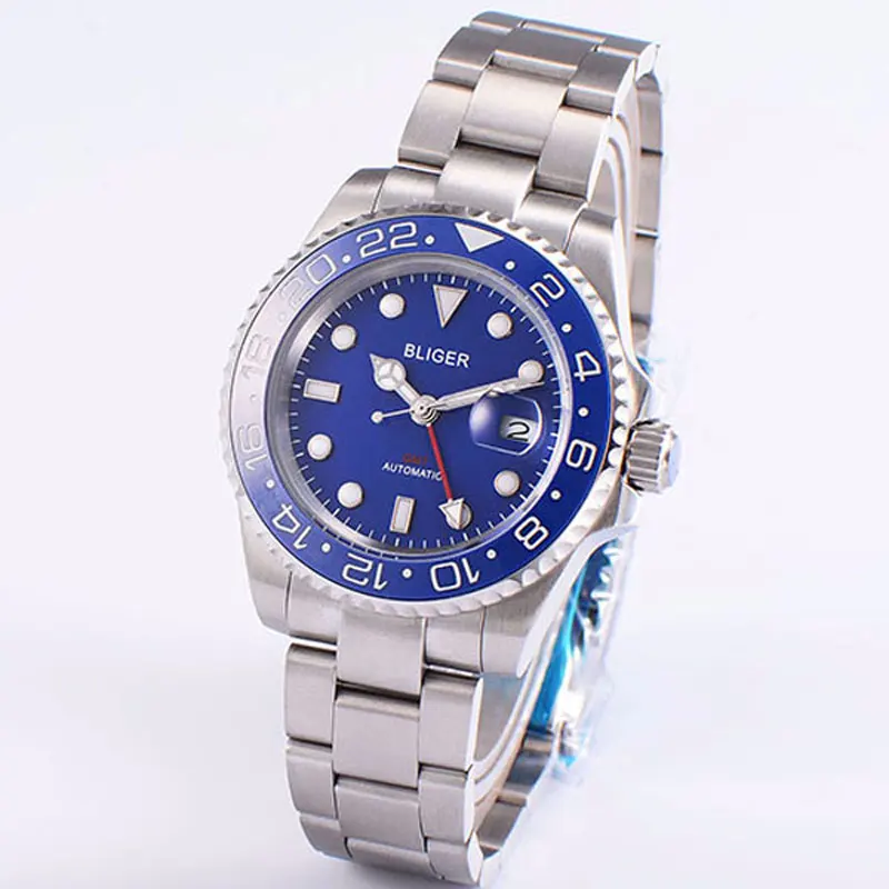 

Мужские наручные часы BLIGER, 40 мм, с синим циферблатом, с керамическим ободком, GMT, механические, с сапфировым кристаллом MINGZHU3804, автоматические...
