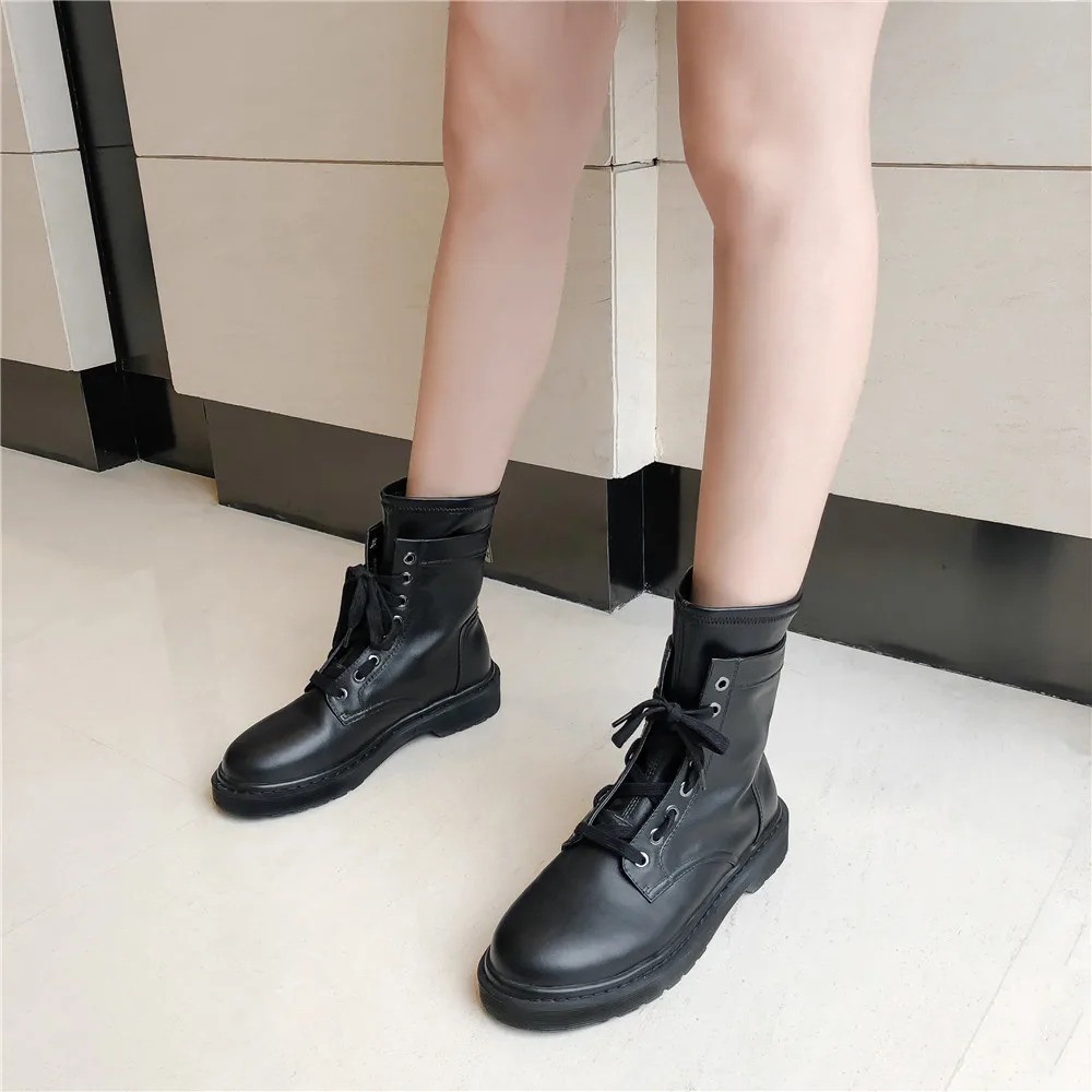 

Drestrive 2020 Full Genuine Leather Woman Ankle Boots Size 33-42 Cow Leather Women Early Winter Boots Flats With Heel Lace Up