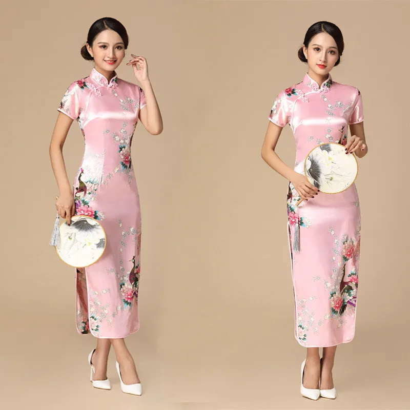 

Plus Size Women S-6XL New Print Peacock Split Cheongsam Sexy Short Sleeve Satin Qipao Classic Bride Wedding Dress Evening Gowns