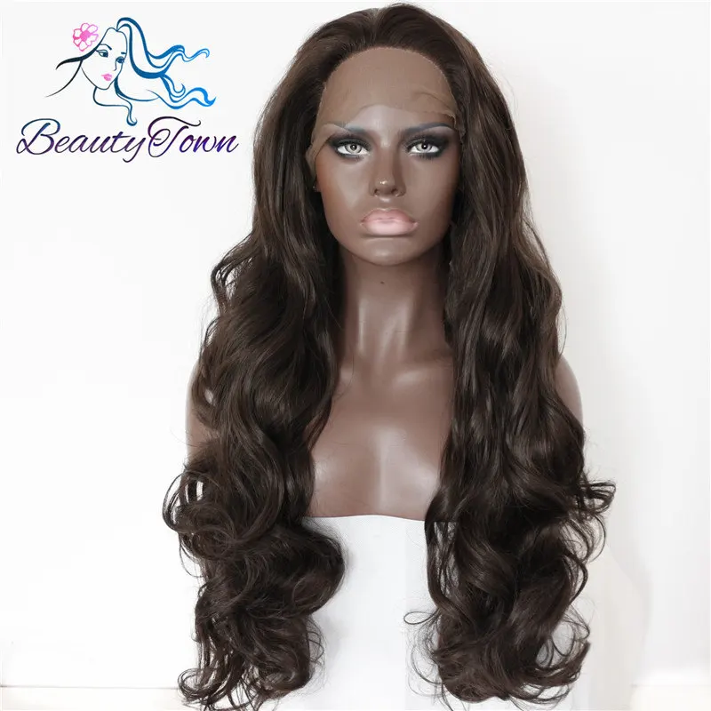 BeautyTown темно-коричневый цвет бесклеевой термостойкие волосы ручная вязка большая часть шнурка маскарадные синтетические парики на кружеве для женщин