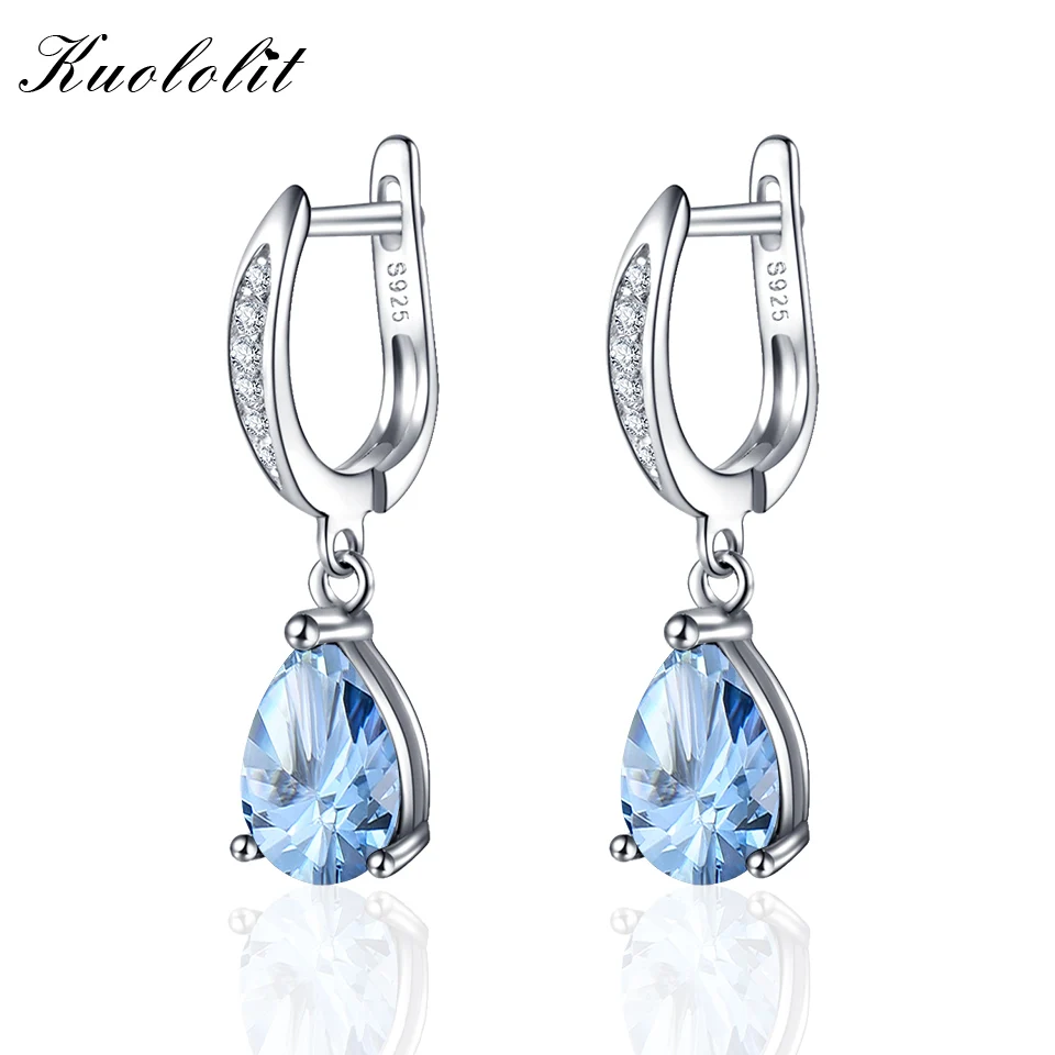blue topaz Kuolit, серьги-Клипсы из чистого 925 пробы серебра для женщин, 3.3ct, натуральный голубой топаз, драгоценный камень, ювелирные изделия, Свадебная вечеринка, рождественский подарок - Цвет камня: blue topaz