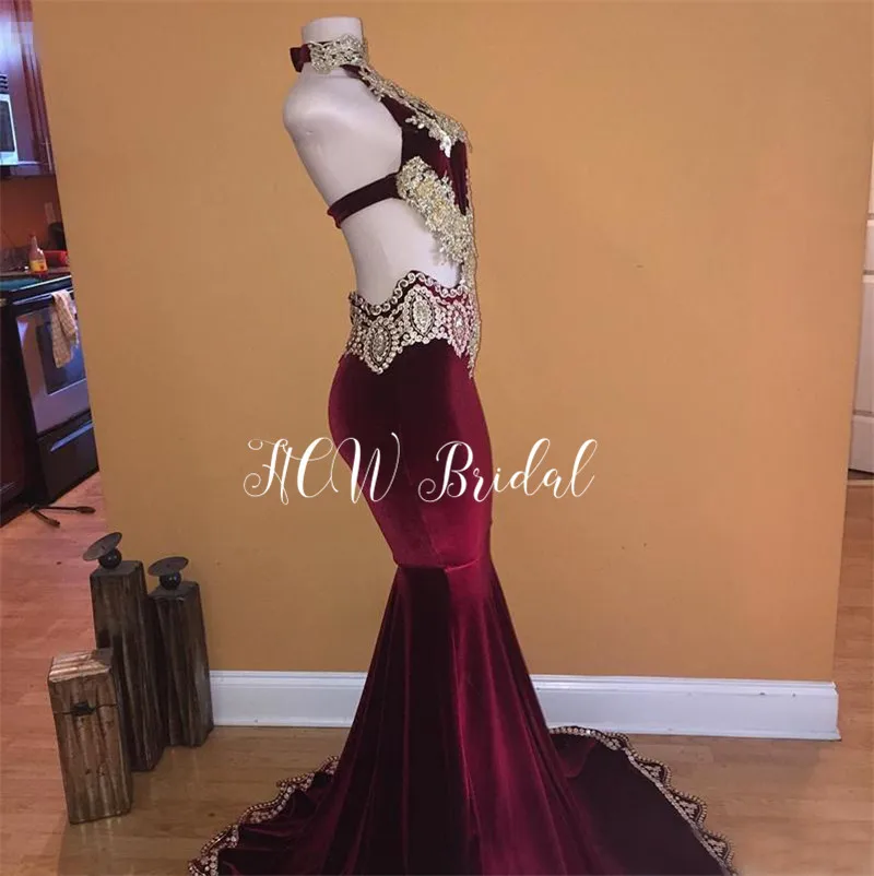 

Unique Burgundy Mermaid Arabic Evening Dress Halter Backless Gold Lace Velvet Long Formal Occasion Dresses New Vestido De Festa