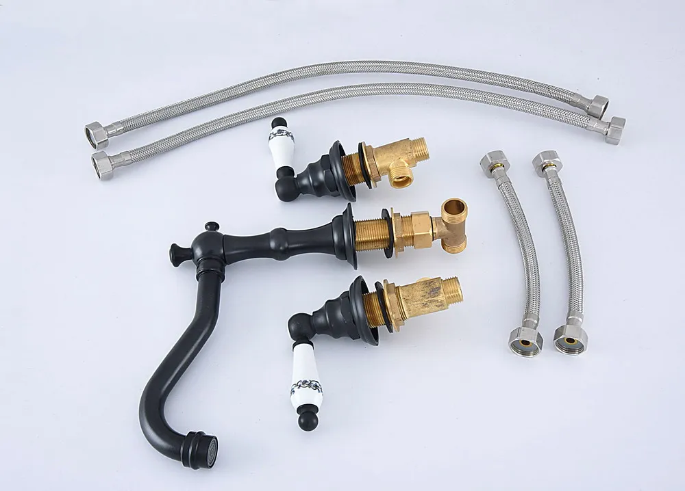 Черный латунный кран для раковины с двумя керамическими рычагами 3 отверстиями