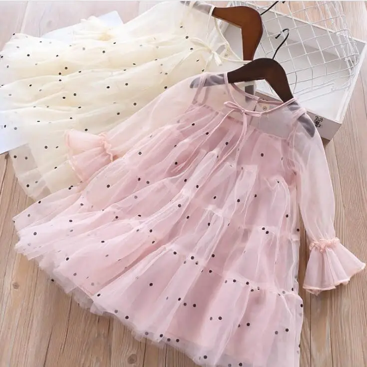 Girl Tulle Lace Party Dress Princess Dots Baby Kids Clothing Children Spring long sleeve dress baby clothes | Детская одежда и