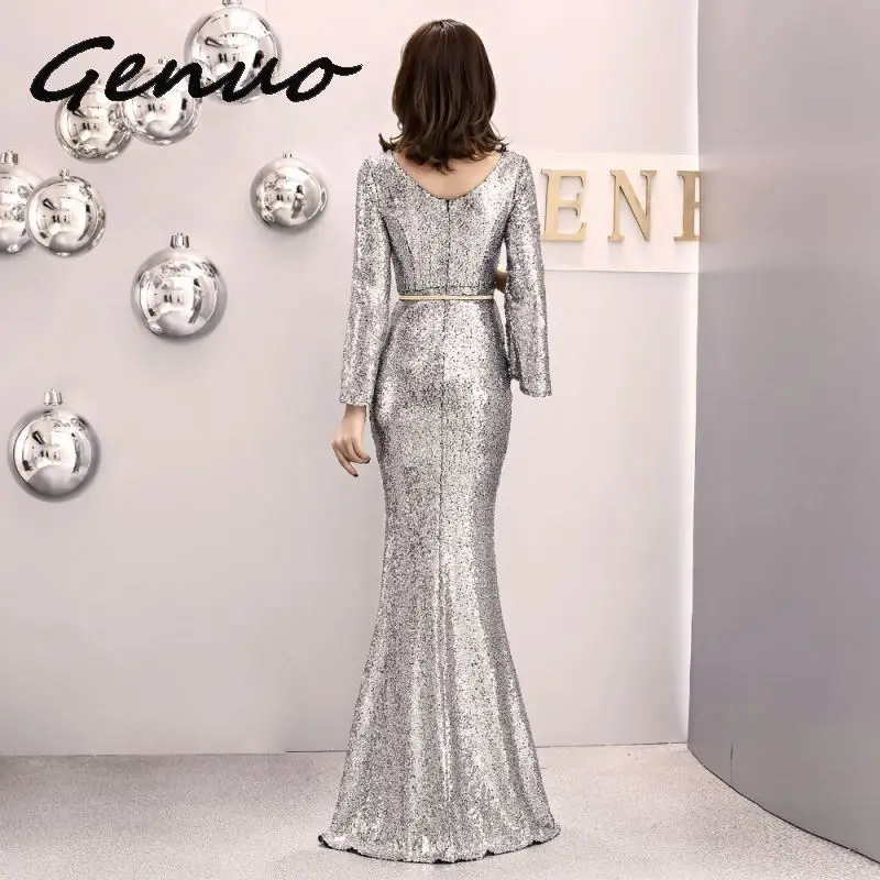 Genuo Elegant Party Dress Women Gold Silver Sequin Evening Party Gown Cloak Sleeves V Neck Belt Sexy Wedding Vestido de fiesta