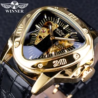 fashion mechanical watch men leather band triangle design automatic skeleton movement wristwatch watches for men reloj hombre