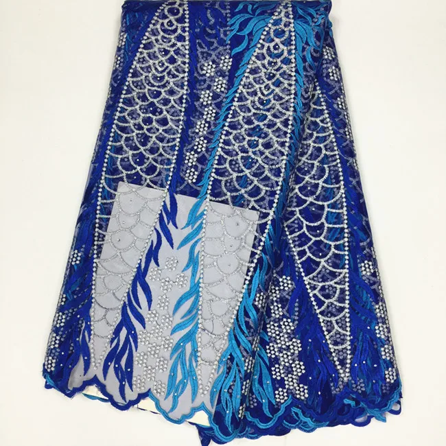 5 ярдов/шт. Элегантное сине белое вышитое французское Сетчатое кружево Стразы