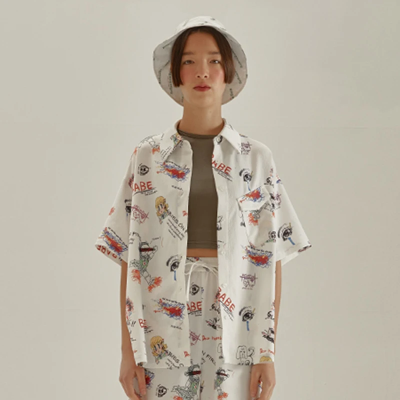2018 Summer New Women Chiffon Blouse Short Sleeve Babe Printed Original Design White Shirts Tops Preppy Style Oversized |