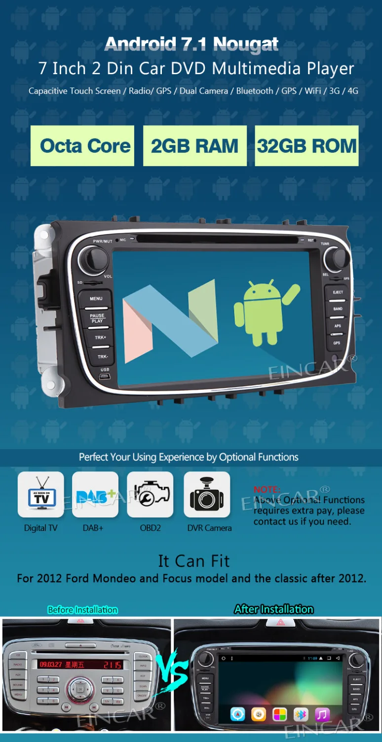 Eincar Android 7 1 автомобильный стерео gps навигация Восьмиядерный dvd плеер для Ford Focus
