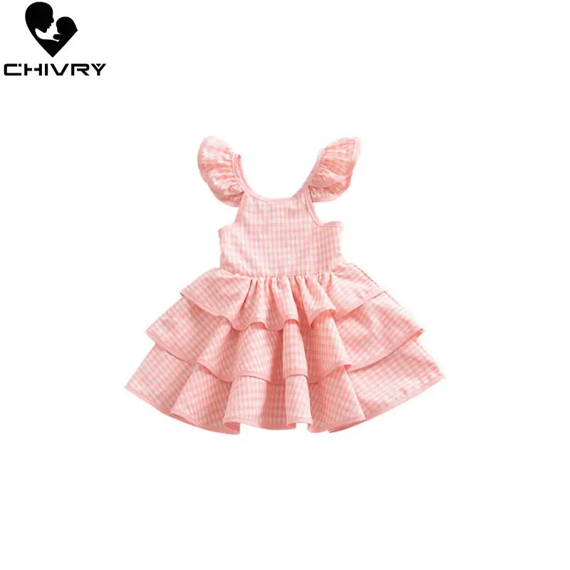 Летнее модное клетчатое платье для девочек с открытой спиной и оборками Chivry 2019