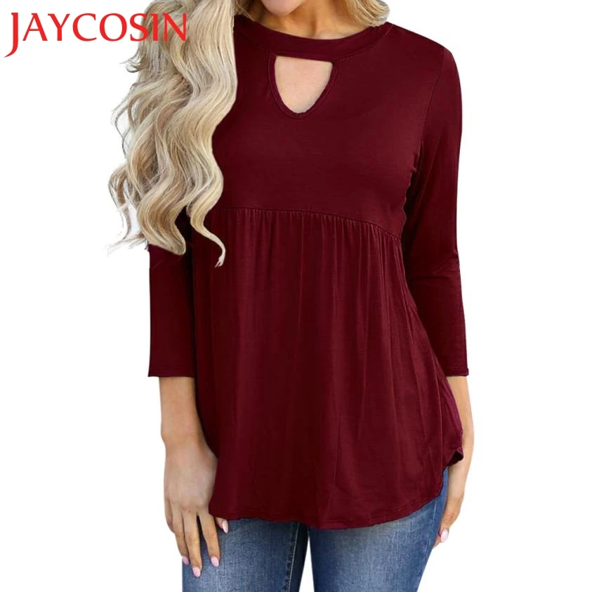 2018 Футболка женская Повседневная однотонная с вырезом гофрированная