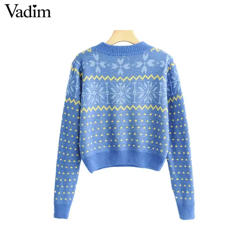 Vadim women chic geometric pattern knitted sweaters long sleeve o neck stretchy pullovers female casual sweet basic tops HA287 | Женская
