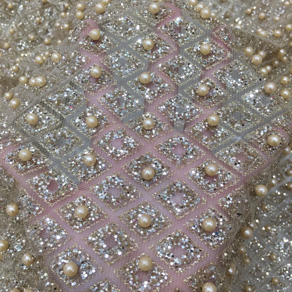 gold glitter lace fabric with beads shiny sugar glued beaded stone embroideried laces african western style for party dress | Дом и сад