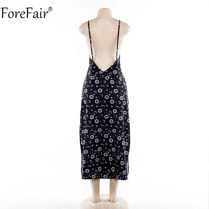 ForeFair Print Backless Midi Dress Women Casual Black Summer Ladies Vestidos V Neck Slit Long Dresses 2019 Sleeveless | Женская одежда