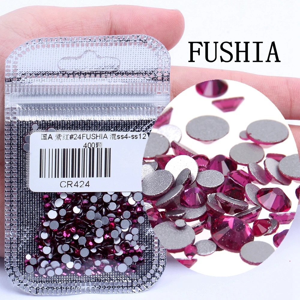 24 FUSHIA 400 шт, 60 цветов, разные размеры, ss4-ss12, для дизайна ногтей, не горячей фиксации, хрустальные стразы, сделай сам, плоские с оборота, 3D стеклянные украшения для ногтей, стразы - Цвет: 24 FUSHIA