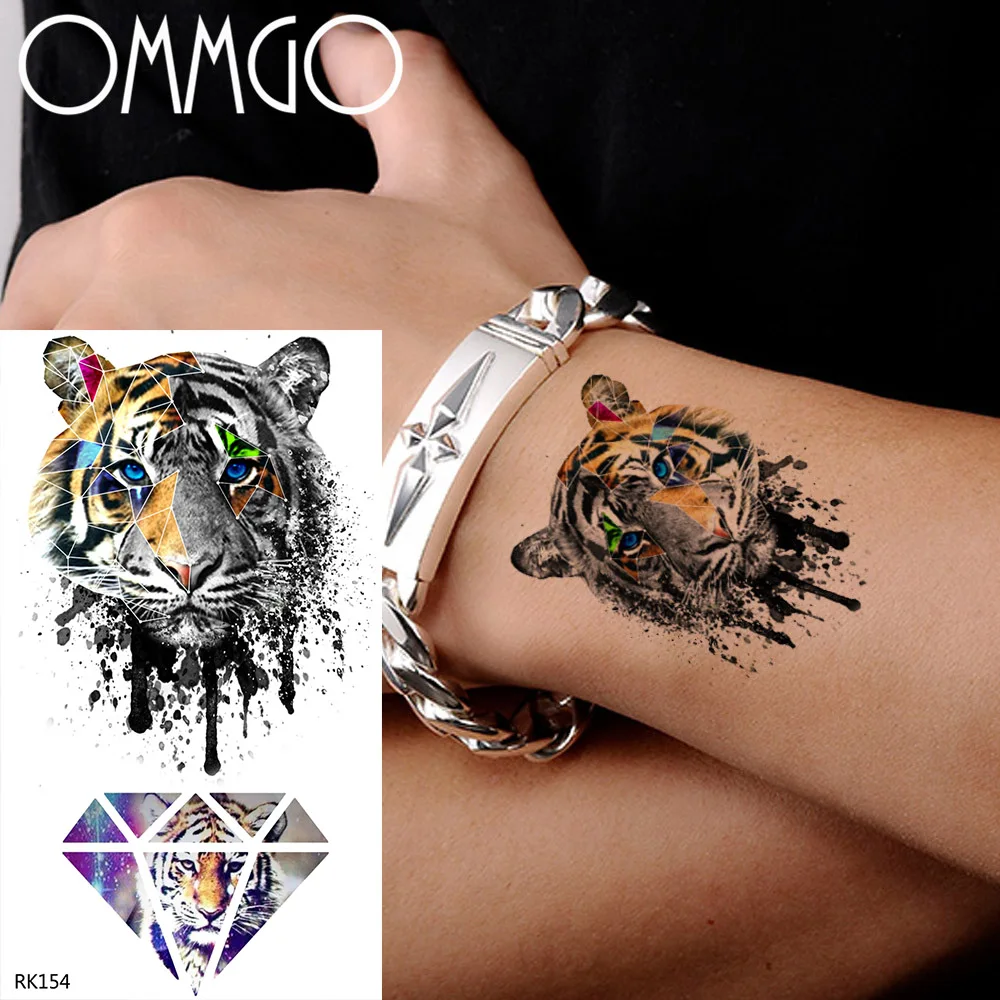 OMMGO Doodle Tiger Flash Geometric Temporary Tattoos Sticker Diamond Fake Tatoos For Kids Boys Custom Tattoo Body Art