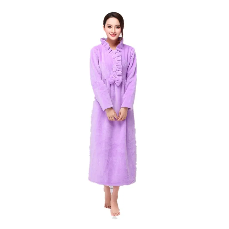 

euro plus size XXL Autumn winter ladies long Nightgowns purple sleepwear nightdress Warm luxurious flannel princess long sleeve