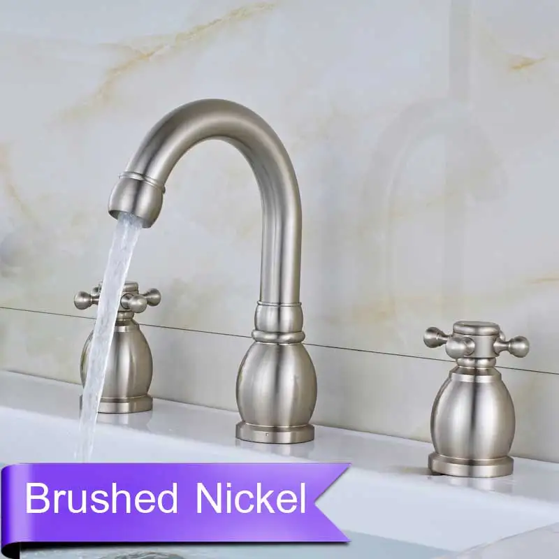 Brushed Nickel Широко распространенный кран для бассейнов для ванной с двойной ручкой смеситель для раковины кран на бортике 3 отверстия горячий холодный кран - Цвет: Brushed Nickel
