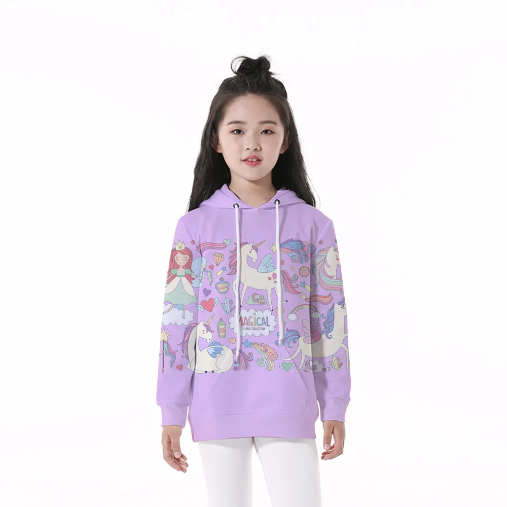 

Girls 4-12 Y Spring Autumn Hooded Long Sleeve 3D Digital Print Dancing Unicorns Pattern Hoodies Casual Loose Fit Girls Hoodies