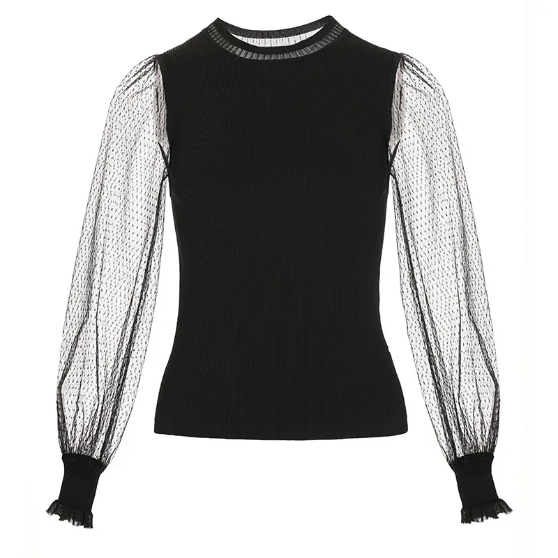 

2019 Autumn Winter Fashion Pullovers Women Hollow Out Mesh Patchwork Long Sleeve Black White Knitted Sweaters Ladies Jumpers
