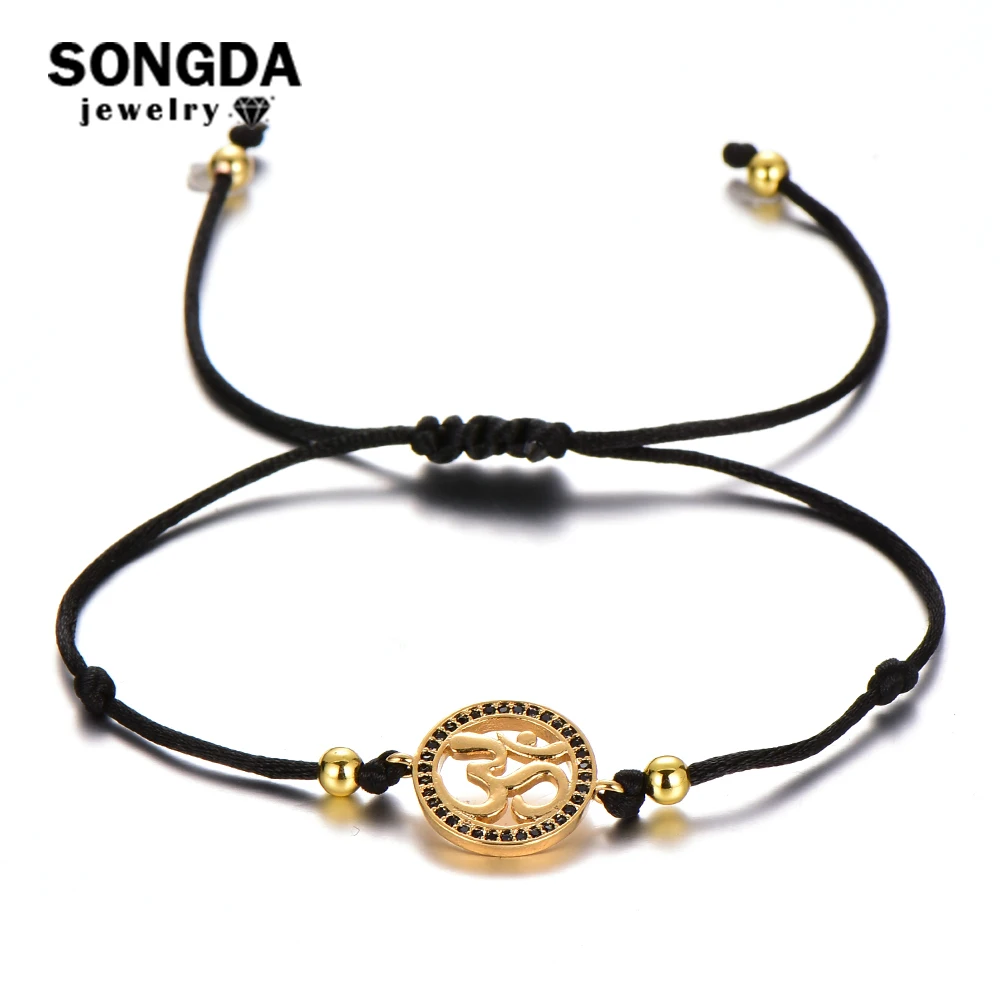 SONGDA Lucky Красная Нить узел браслет высококачественный сверкающий CZ Кристалл АУМ Ом Символ Шарм браслет для женщин мужчин любителей йоги