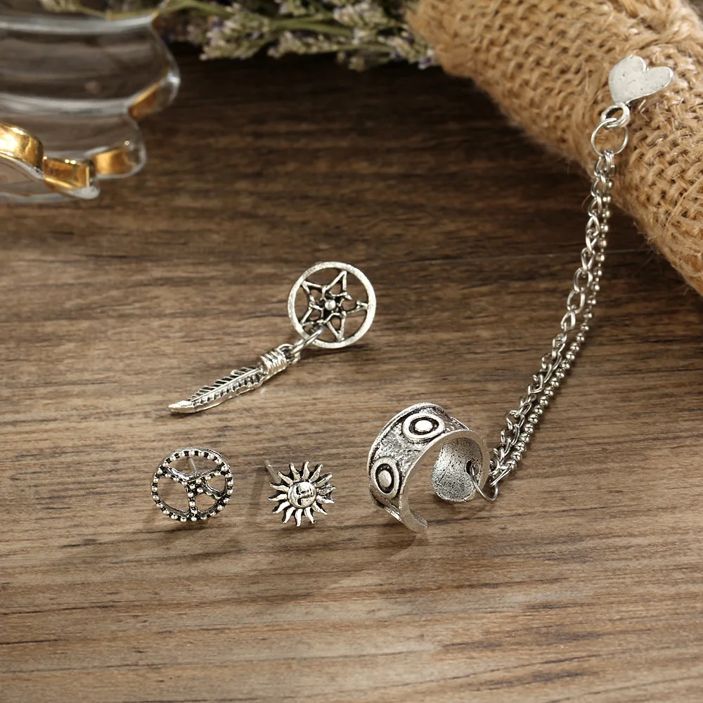 New Vintage Fashion Sun Leaves Heart Combination Sets Stud Earrings Long Chain 4Piece Punk Metal Statement Earring Women Jewelry | Украшения