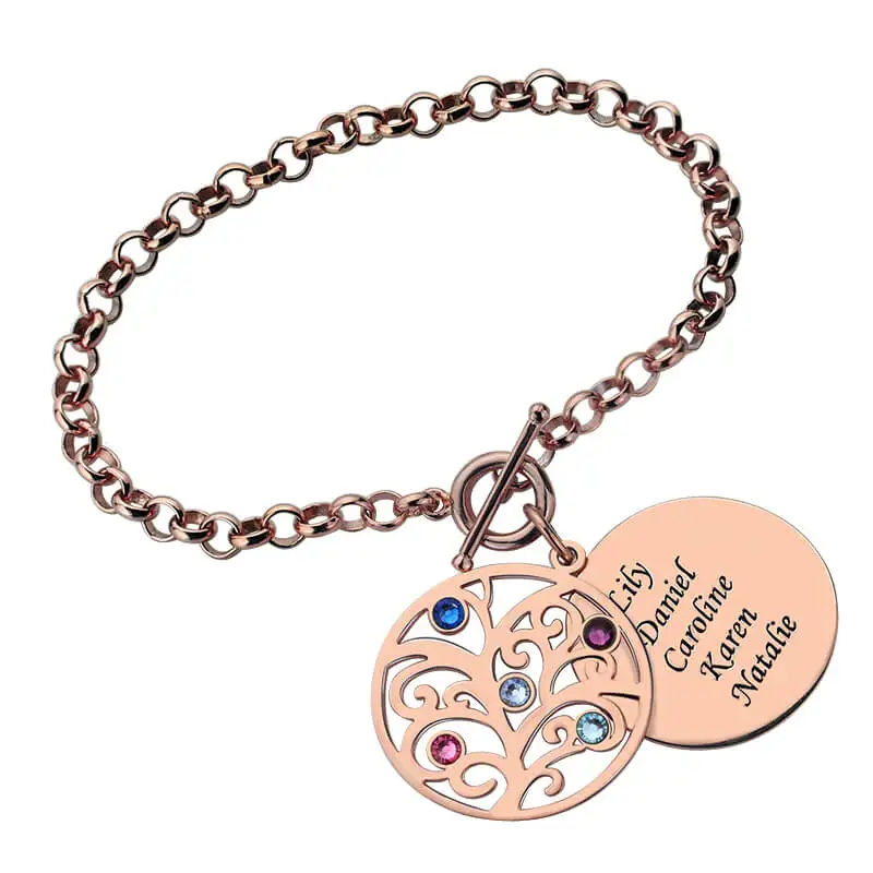 

Engraved Family Tree Bracelet with Birthstones Rose Gold Color Disc Mother&Birthstone Bracelet Family Tree Jewelry