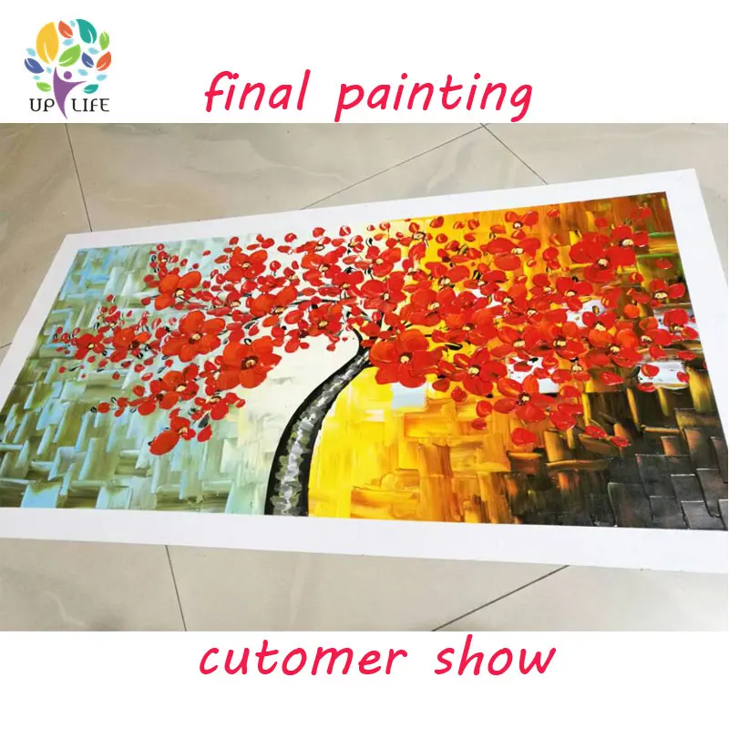 

hand painted tree flower oil painting on canvas large cheap thick textured Relief red flowers wall pictre for living room