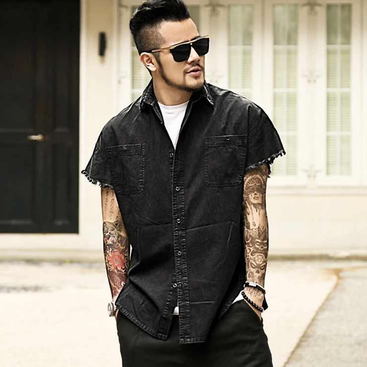 Мужская джинсовая рубашка без рукавов Повседневная ковбойская из денима модель