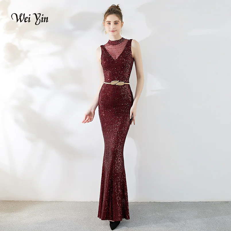 wei yin Wine Red Sparkle Gorgeous Long Evening Dresses O-Neck Mermaid Sexy Sequined Elegant Gowns Robe De Soiree WY1803 | Свадьбы и