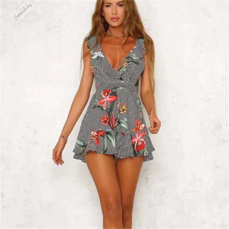 

Women Summer Casual V-neck Jumpsuit New 2018 Lady Backless Romper Sleeveless Floral Club Evening Party Beach Short Mini Jumpsuit