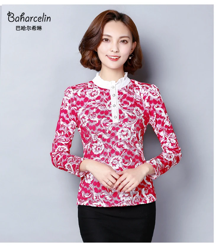 Baharcelin 3XL 4XL осень-зима Высокий воротник крючком Кружево цветочный Блузки для