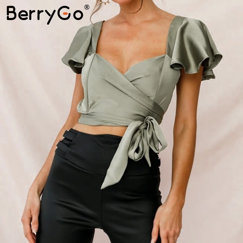 Женский сатиновый Топ BerryGo зеленый облегающий топ с поясом и сборками для