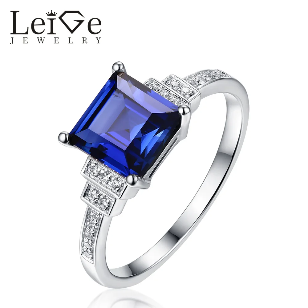 

Leige Jewelry Sapphire Ring Blue 925 Sterling Silver Square Cut Promise Anniversary Rings for Women Classic Christmas Gift