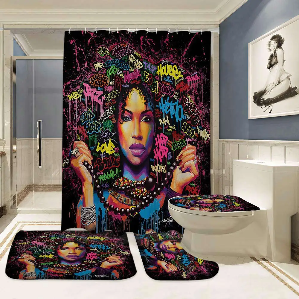 4pcs Curtain Mat Set Miracille художественная африканская Женская печатная занавеска для душа, набор полиэфирных занавесок для ванной комнаты, Набор ковриков для ванной комнаты, Европейский Портрет - Цвет: 4pcs Curtain Mat Set