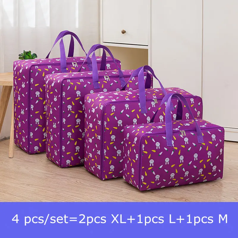 Purple Rabbit 4pcs 4 шт./компл. большой Ёмкость сумка для хранения из ткани Оксфорд M+ L+ 2 шт. XL-органайзер для Стёганое одеяло перемещения ткани Чемодан Водонепроницаемый контейнер - Цвет: Purple Rabbit 4pcs