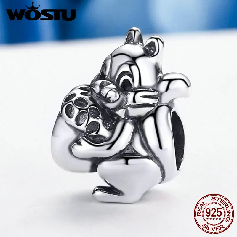 WOSTU 925 стерлингового серебра Симпатичные белки животных Бусины Подходят