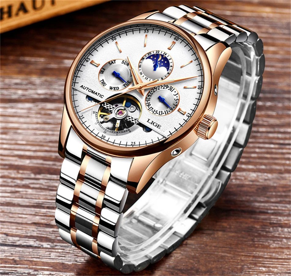 LIGE Брендовые мужские часы автоматические механические часы Tourbillon спортивные часы кожаные повседневные деловые часы в ретро-стиле Relojes Hombre