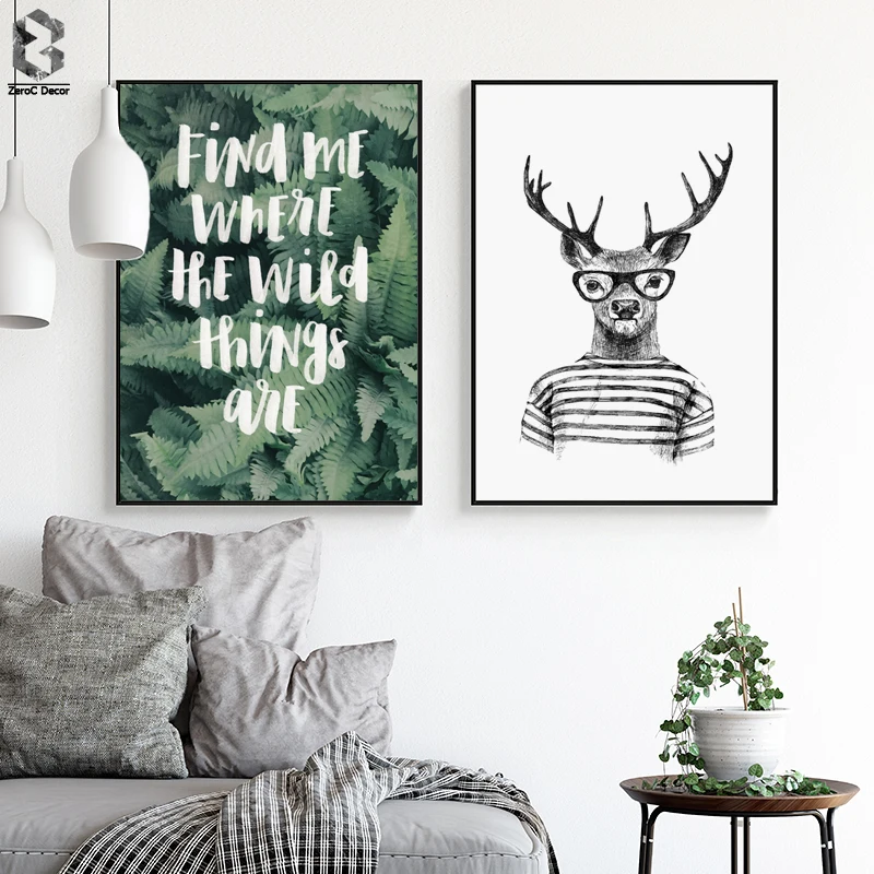 

Elk Animal Posters and Prints Canvas Art Painting Fresh Leaves Wall Art Nursery Decorative Picture Nordic Style Kids Decoration