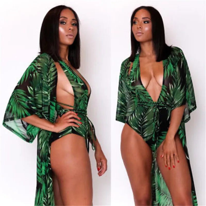 Купальники+ прикрыть Для женщин Robe De Plage пляжный кардиган крышку ИБП зеленый лист боди вырезать ванный комплект Монокини Пляжная одежда