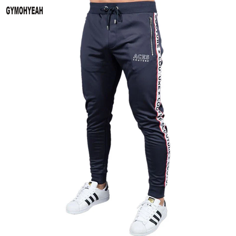 Navy blue Бегуном Штаны стройная фигура Для мужчин Фитнес Бодибилдинг тренажерные залы длинные Штаны джоггеры пот Штаны брюки Костюмы Высокое качество Спортивная - Цвет: Navy blue