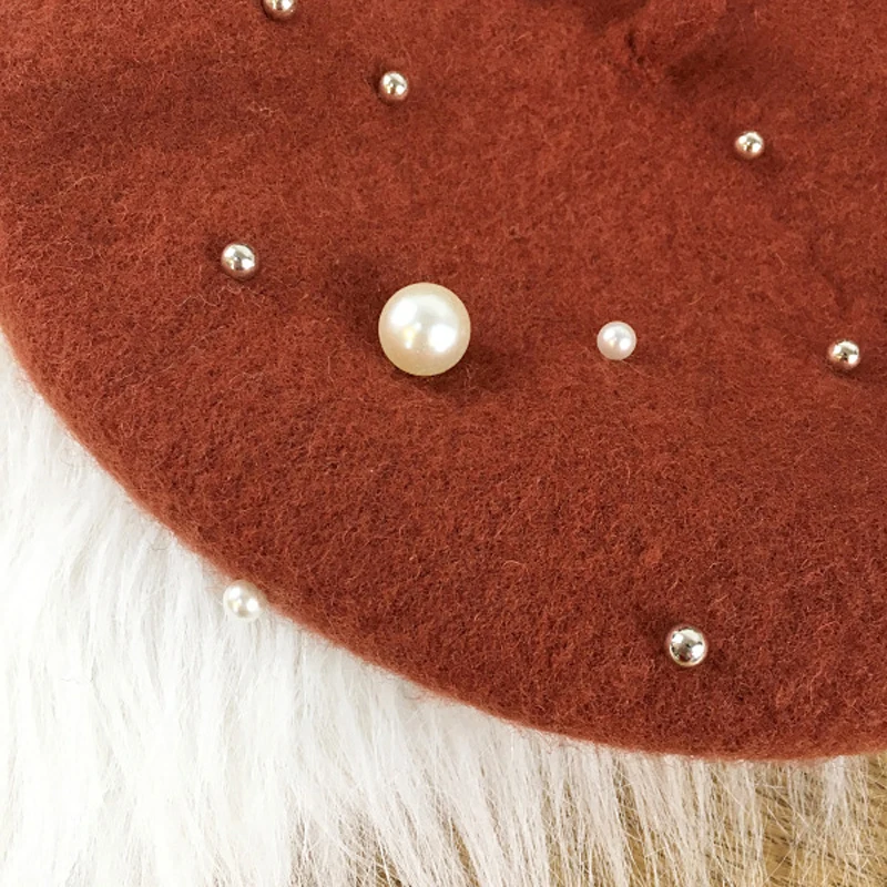 

Hot Sale Autumn Winter 100% Wool Berets Luxury Pearl Rivets Vintage Cashmere Female Warm Womens Beret Hats for Girls Painter Cap