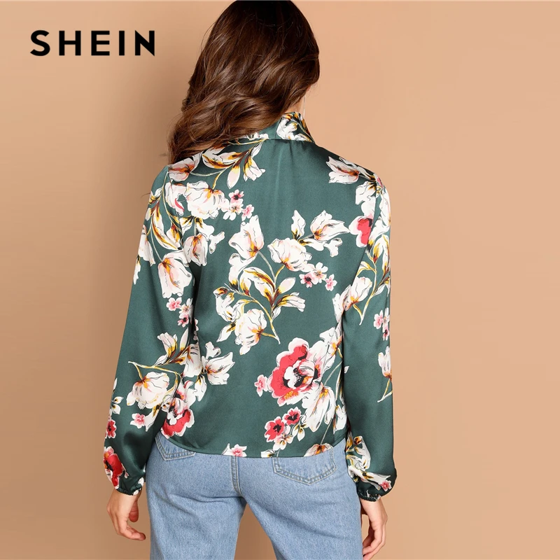 SHEIN Нарядная Атласная Блузка С Цветочным Принтом Блузка С Длинным Рукавом И Бантом