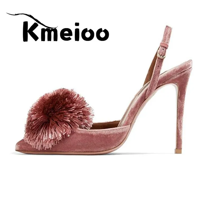 Kmeioo/женские туфли-лодочки; туфли-лодочки с острым носком на высоком каблуке с пышными помпонами; босоножки на шпильке; обувь для вечеринки и свадьбы - Цвет: Antique Rose-velvet