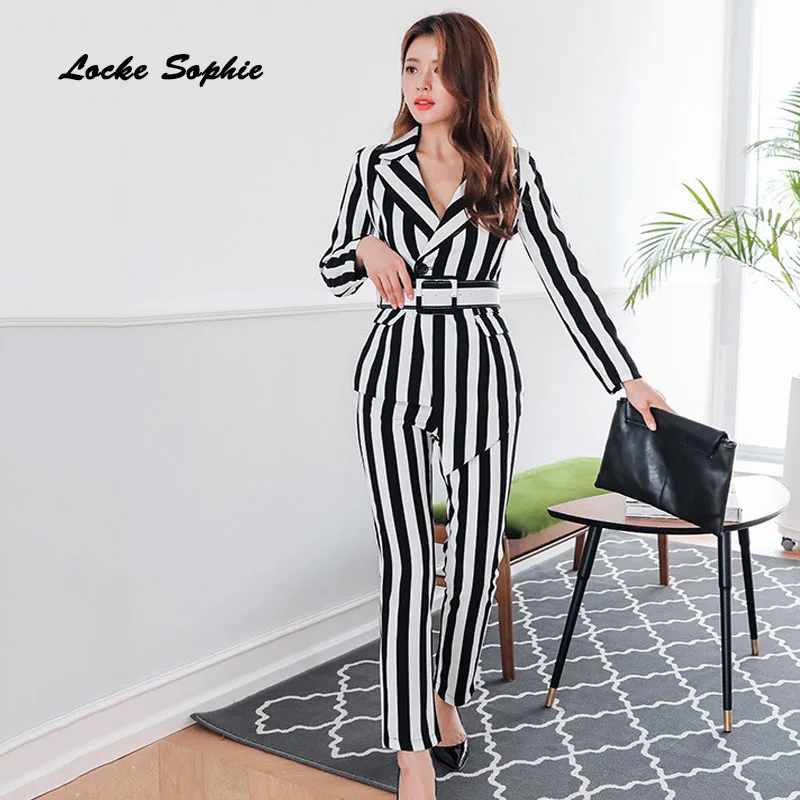 2 piece set womens Sexy tops and pants 2019 Summer cotton blend stripe waist belt suits ladies Skinny business suit twinset | Женская