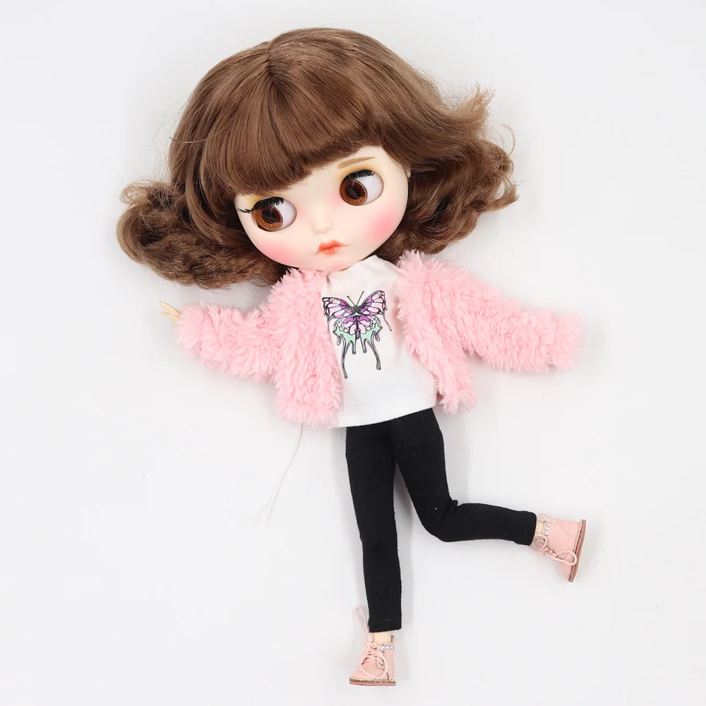 Одежда для куклы Blyth 1/6 милая плюшевая куртка с белыми черными брюками короткими