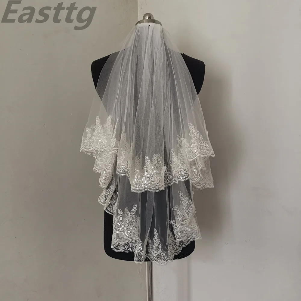 Easttg белая слоновая кость модная двухслойная свадебная вуаль тюлевые Свадебные вуали с гребнем Кружевной Край Свадебные аксессуары Veu de Noiva