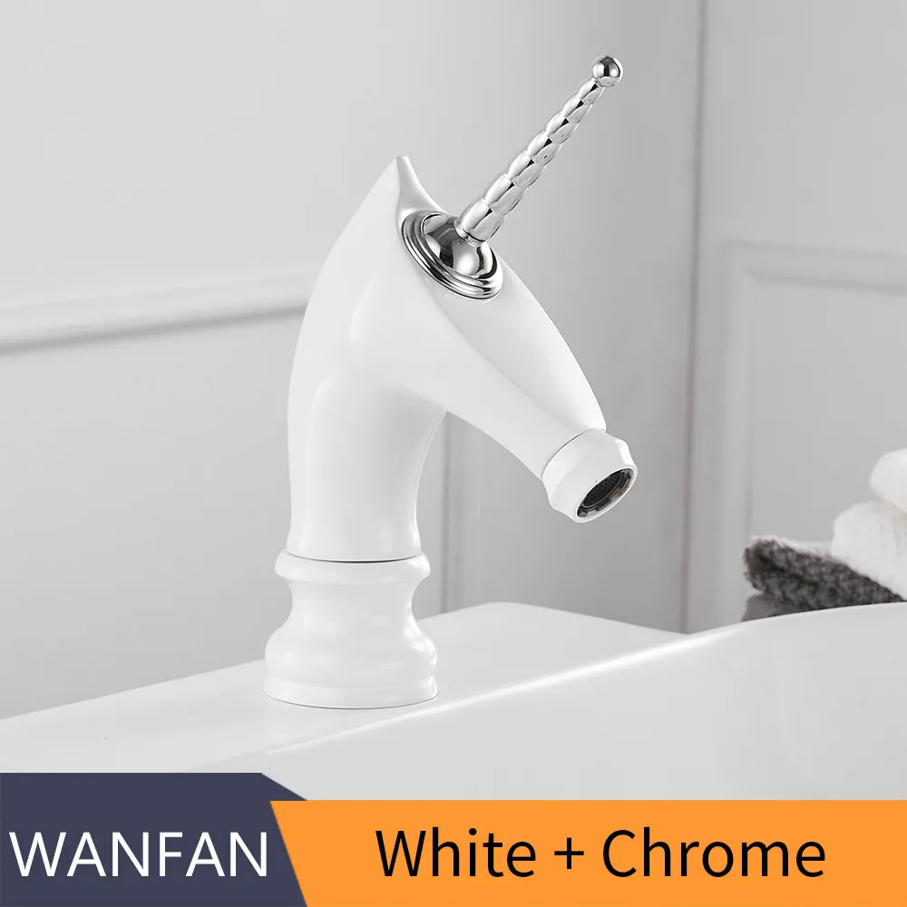White And Chrome Смеситель для раковины, уникальный модный кран для ванной комнаты с лошадиной головкой, золотой Латунный бортике, одинарная длинная ручка, смеситель для туалета 855753 - Цвет: White And Chrome