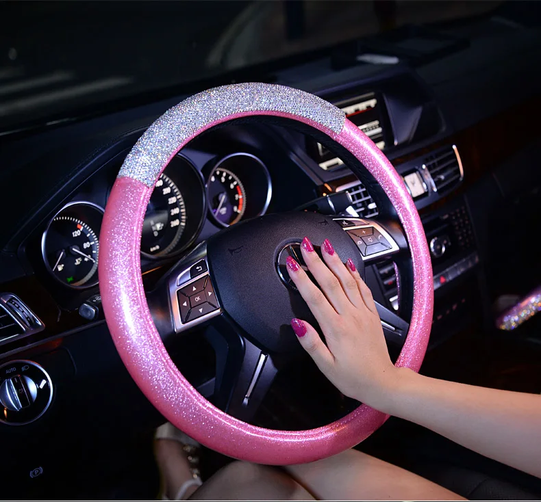 Pink Модные алмазные Кожаные чехлы рулевого колеса автомобиля с кристаллами Bing Rhinestons рулевые Чехлы для девочек автомобильные аксессуары - Название цвета: Pink