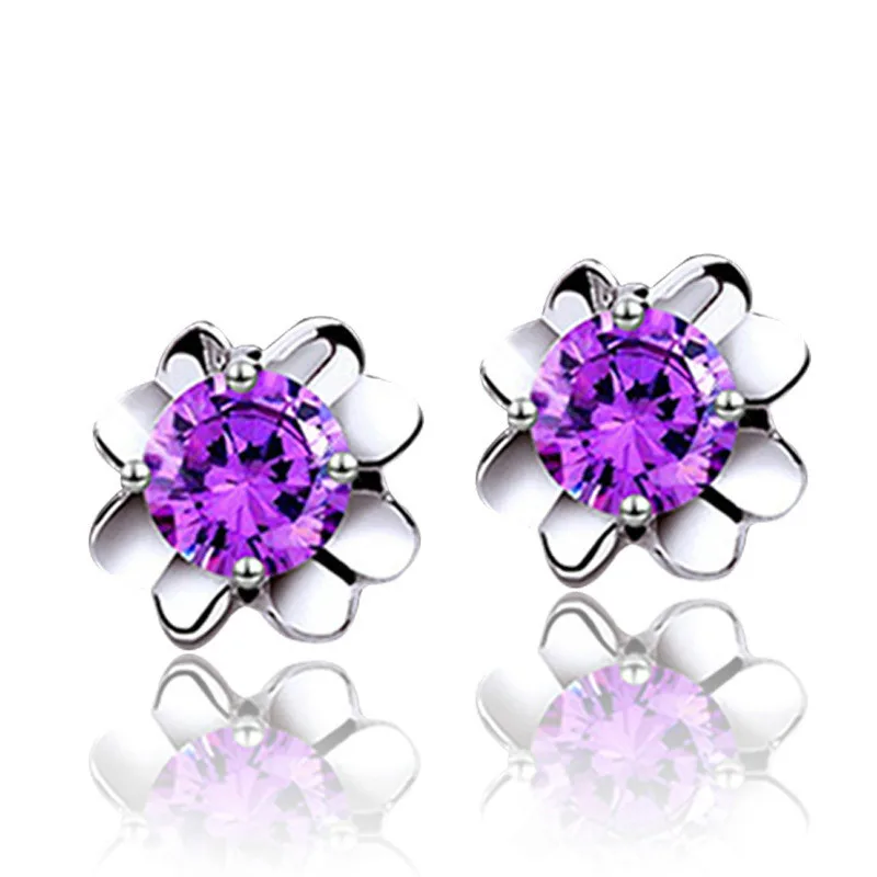 2018 Fashion Silver Flower Earrings for Women Jewelry White &amp Purple Cubic Zirconia Stud | Украшения и аксессуары